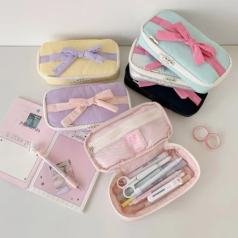 Grote Capaciteit Etui Schattige Strik Briefpapier Opbergtas Koreaanse Crème Stijl Etui Voor School Meisjes Studenten Kantoorbenodigdheden