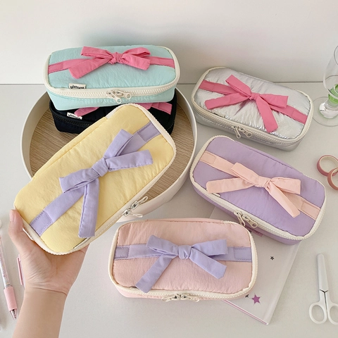 Large Bow Pencil Case Nylon Stationery Storage Bag Candy Color Ballet Style Portable Desktop Organizer For Students