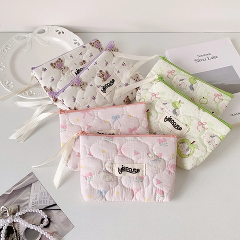 Quilted Cotton Cosmetic Bag Cartoon Bear Pattern Zipper Pouch For Women Girls Portable Mini Storage Bag For Sanitary Pad Earphone