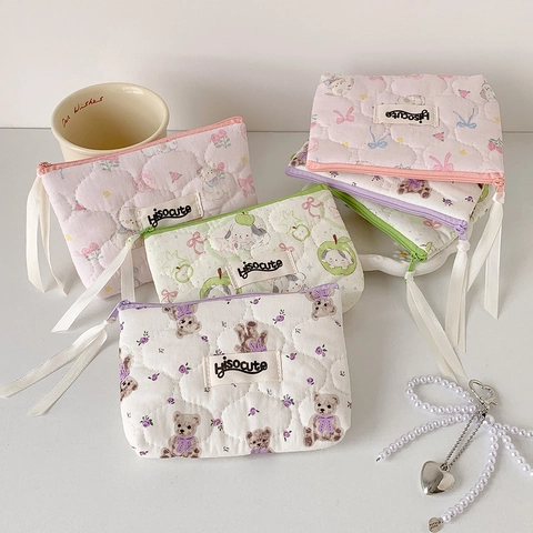 Cute Quilted Cotton Mini Makeup Bag Portable Zipper Storage Pouch Cartoon Bear Pattern For Women Girls