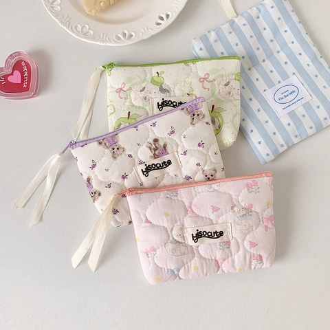 Quilted Cotton Cosmetic Bag Cartoon Bear Pattern Zipper Pouch For Women Girls Portable Mini Storage Bag For Sanitary Pad Earphone