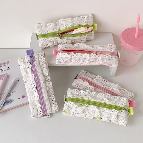 Sweet Floral Lace Pencil Case Portable Stationery Storage Pouch For School Office Supplies Cute Flower Pattern For Girls
