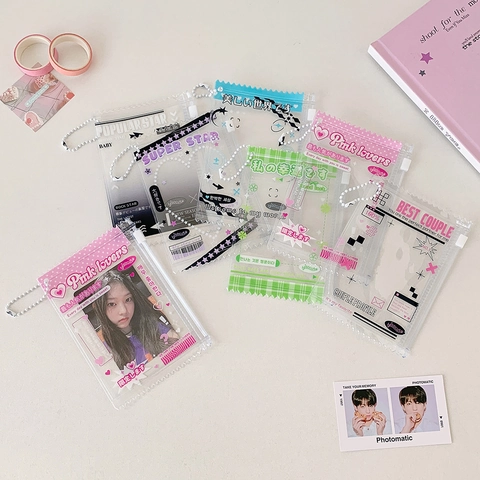 Transparent PVC Card Holder Zipper Pouch With Metal Bead Chain For Photocards Portable ID Storage Case Korean Style