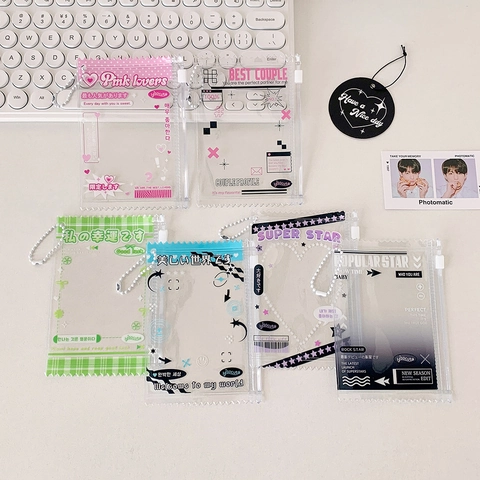 Transparent PVC Card Holder Zipper Pouch With Metal Bead Chain For Photocards Portable ID Storage Case Korean Style