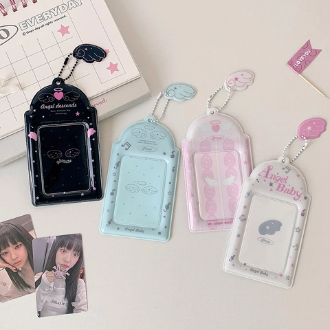 Kawaii Angel Wings PVC Photocard Holder Heart Star Print With Bead Chain Small Photo Storage Student Card Protector Holder