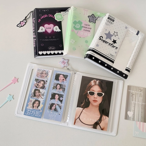 Cute K-pop Photocard Binder PVC Star Heart Clover Pattern Mini Photo Album With Pendant For Idol Card Collection Storage
