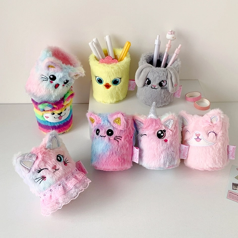 Plush Pen Holder Cartoon Animal Desktop Stationery Organizer Cute Soft Pencil Cup Office School Supplies