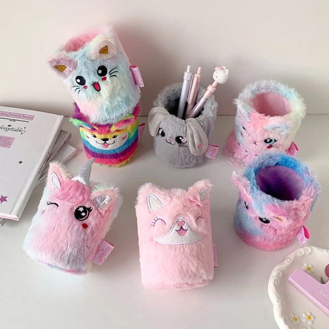 Cute Animal Plush Pen Holder Desktop Stationery Storage Box Cartoon Desktop Organizer For School Students Girls Gift