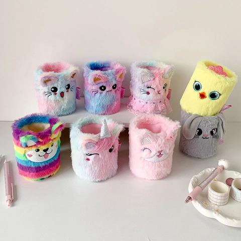 Cute Animal Plush Pen Holder Desktop Stationery Storage Box Cartoon Desktop Organizer For School Students Girls Gift