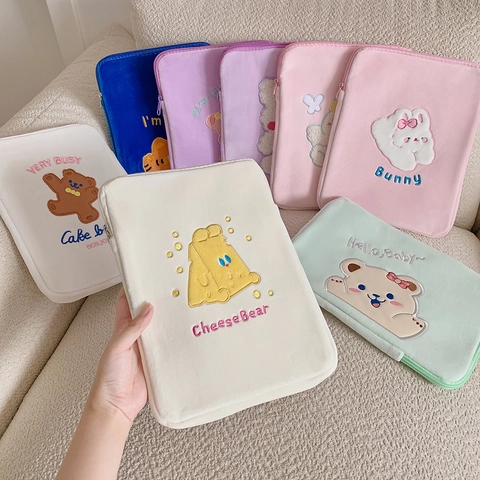 Funda Para Tableta De Felpa Lindo Dibujo Animado Oso Conejo Bordado Bolsa De Protección Antichoque Estilo Coreano Niñas