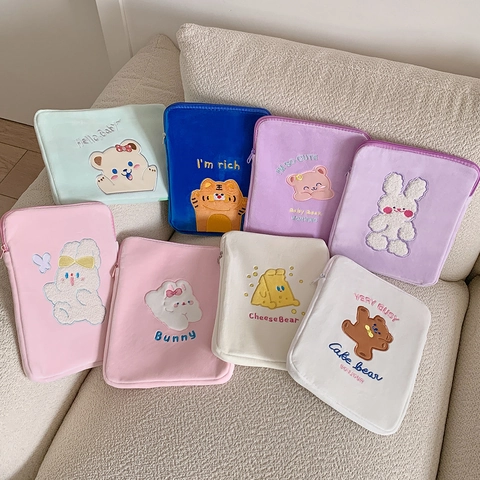 Funda Para Tableta De Felpa Lindo Dibujo Animado Oso Conejo Bordado Bolsa De Protección Antichoque Estilo Coreano Niñas