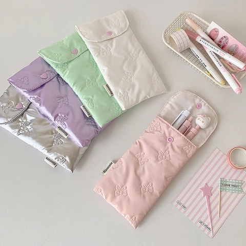 Korean Style Quilted Bow Pencil Case PU Leather Glasses Pouch Heart Button Stationery Storage Bag For Students Women