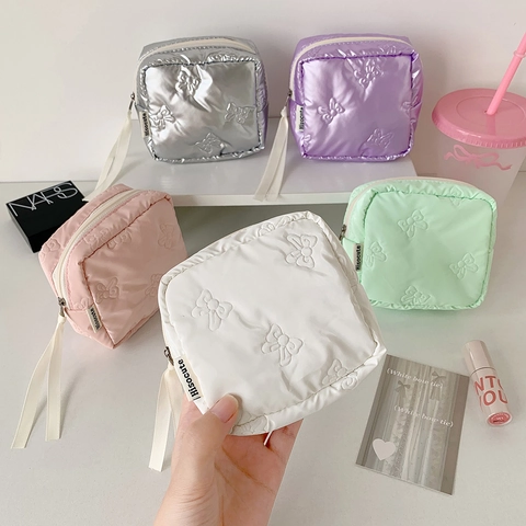 Quilted Bow Knot Small Square Storage Bag Portable Polyester PU Cosmetic Bag For Sanitary Napkin Earphone Travel Organizer