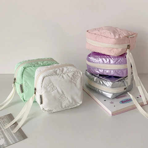 Quilted Bow Knot Small Square Storage Bag Portable Polyester PU Cosmetic Bag For Sanitary Napkin Earphone Travel Organizer