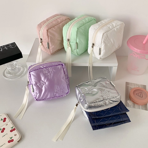 Quilted Bowknot Embossed Cosmetic Bag Portable Small Square Makeup Organizer Shiny Fabric Ribbon Zipper For Girls