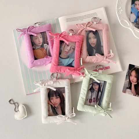 Kawaii Plush Photocard Holder With Bowknot Decor Transparent Window For ID Bus Card Ins Style Student Idol Photo Display Keychain