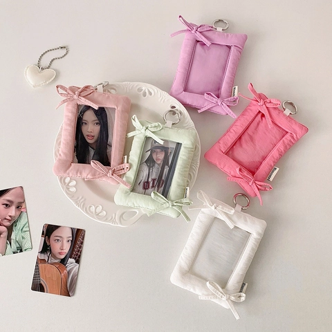 Sweet Plush Photocard Holder With Bow Decor Kawaii 3 Inch K-pop Photo Display Case Schoolbag Pendant Keychain Gift Girls