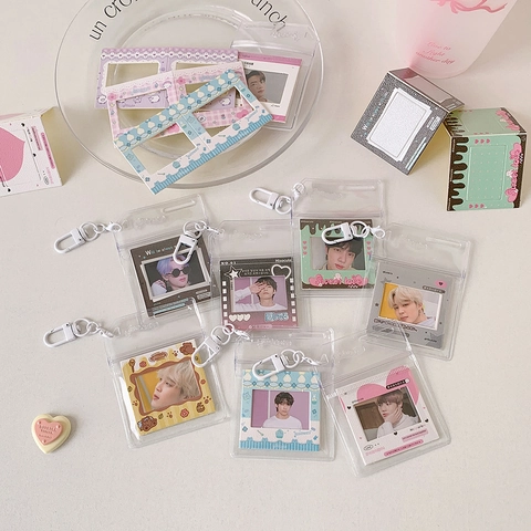 Korean Ins Style DIY Photo Card Holder Keychain Decorative Plastic Protective Sleeve Frame Cute For Idol Cards Bag Charm