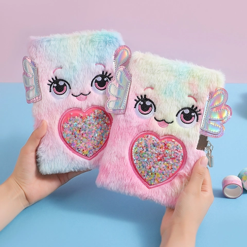 Niedliches Plüsch Notizbuch Mit Schloss Tie Dye Regenbogen Cartoon Geheimes Tagebuch Mit Flügeln Herz Shaker Mädchen