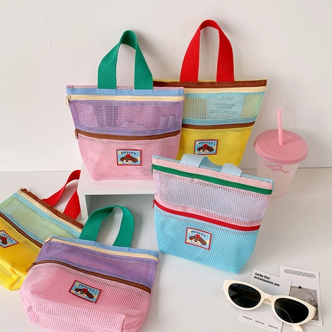 Borsa Totebag In Rete Donna Colori A Contrasto Nylon Maglia Con Cerniera Organizer Trucco Cartone Animato Ragazze