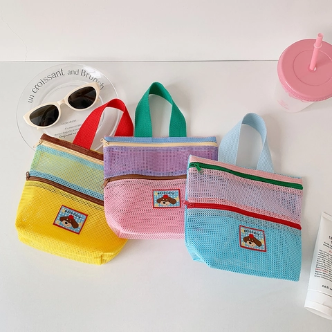 Borsa Totebag In Rete Donna Colori A Contrasto Nylon Maglia Con Cerniera Organizer Trucco Cartone Animato Ragazze