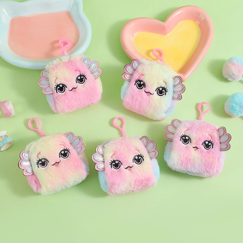 Plush Cartoon Coin Purse Rainbow Tie Dye Smile Face Big Eye Small Wallet Earphone Bag Keychain Pendant For Kids Women