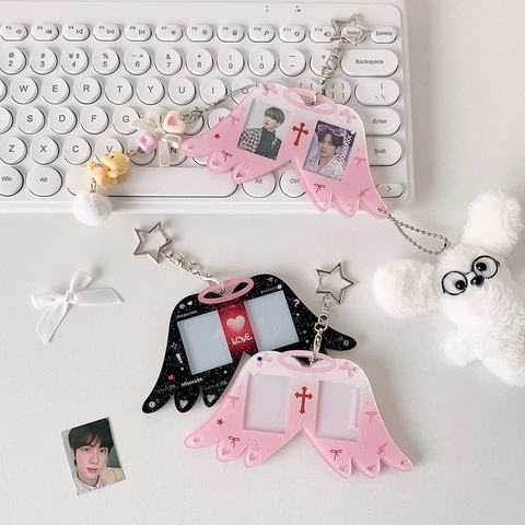 Cute Angel Wings Acrylic Photo Card Holder Double Slot K-pop Idol Storage Keychain With Star Buckle For Backpack Decoration
