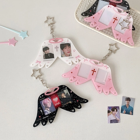 Cute Angel Wings Acrylic Photo Card Holder Double Slot K-pop Idol Storage Keychain With Star Buckle For Backpack Decoration