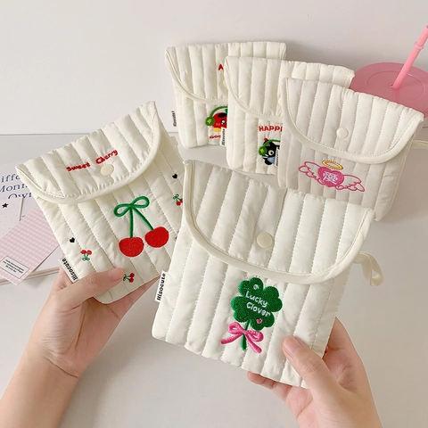 Portable Quilted Cotton Sanitary Napkin Storage Bag Korean Style Embroidered Mini Cosmetic Pouch For Travel School Women Organizer