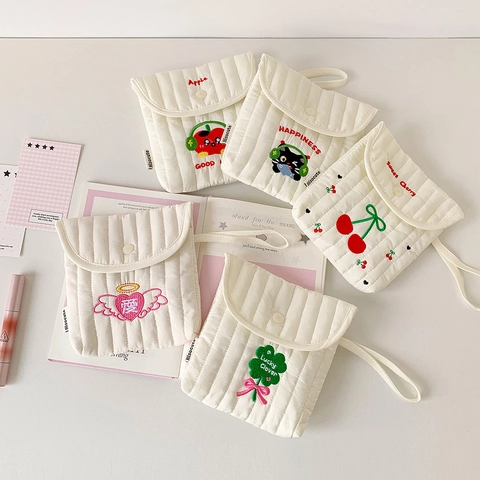 Cute Quilted Fabric Embroidery Sanitary Napkin Storage Bag Portable Menstrual Pad Pouch Travel Organizer Case For Women