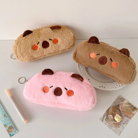 Cute Cartoon Animal Bear Capybara Plush Pencil Case Zippered Stationery Pouch School Office Desk Storage Organizer