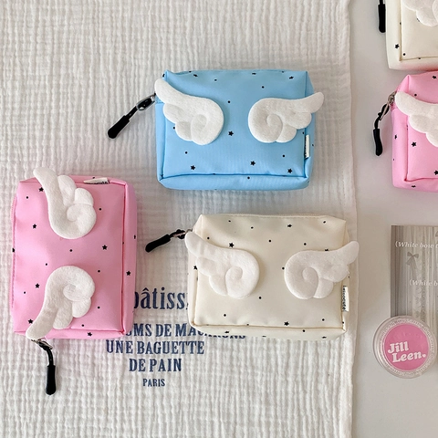 Cute Angel Wings Makeup Bag Mini Star Print Zipper Storage Pouch Portable Fabric Sanitary Napkin Organizer For Girls