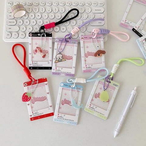 Cute Acrylic Card Holder With Lanyard Cartoon Photo Protector For Students Idol Small Cards Sliding Cover Social Media Style