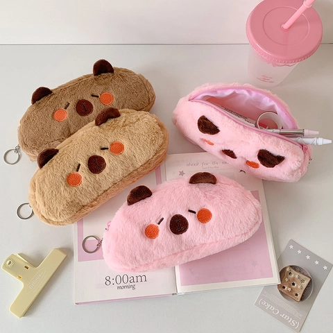 Cute Cartoon Animal Bear Capybara Plush Pencil Case Zippered Stationery Pouch School Office Desk Storage Organizer