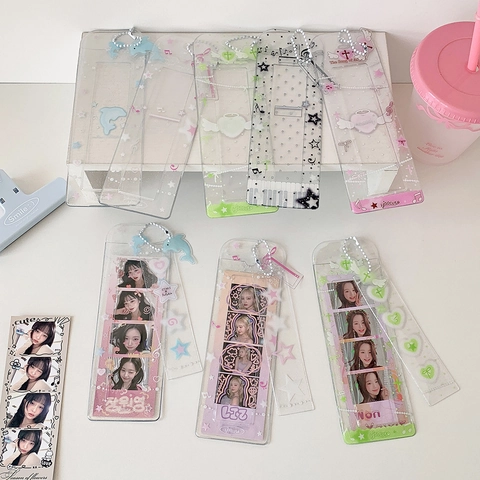 Transparent Glitter PVC Photocard Holder Musical Notes Stars Pattern Card Protector With Bead Chain Pendant For Girls
