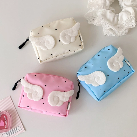 Süße 3D Flügel Mini Bluetooth Kopfhörer Tasche Stern Druck Tragbare Lippenstift Aufbewahrungstasche Polyester Reisebörse Damen