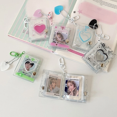 Mini 2 Pollici Album Fotografico Portachiavi PVC Glitter Cuore Cavo Porta Carte Per Idol Star Chasing ID Foto Libro Di Archiviazione