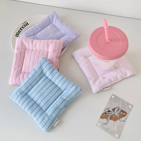 Quilted Cotton Fabric Coaster Heart Embroidery Striped Square Heat Insulation Table Mat For Desk Photography Props