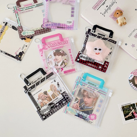 Korean Style Portable Transparent PVC Card Holder For Idol Photo Storage Bag Y2K Cartoon Protective Sleeve With Bead Chain