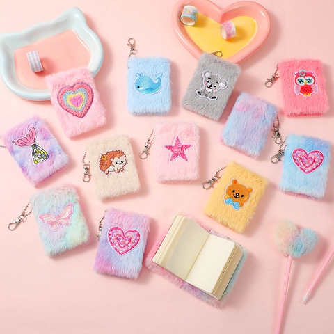 Mini Plush Notebook Keychain Pendant Cartoon Animal Embroidery Faux Fur Pocket Diary Memo Pad Stationery