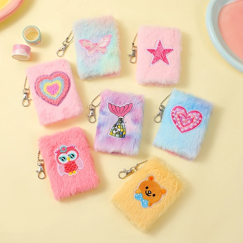 Mini Plush Notebook Keychain Pendant Cartoon Animal Embroidery Faux Fur Pocket Diary Memo Pad Stationery