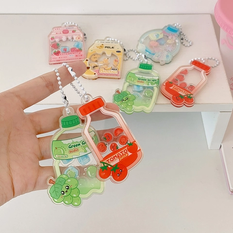 Lindo Llavero Shaker de Acrílico con Dibujos Animados de Frutas Soda y Cartón de Leche Colgante de Bolso de Arenas Movedizas Líquidas Regalo para Mujeres Niñas