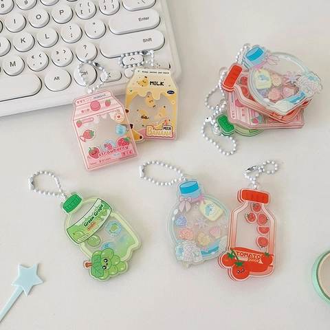Lindo Llavero Shaker de Acrílico con Dibujos Animados de Frutas Soda y Cartón de Leche Colgante de Bolso de Arenas Movedizas Líquidas Regalo para Mujeres Niñas