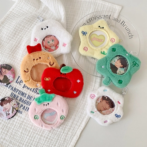 Kawaii Plush Badge Holder Round Star Fruit Pattern Card Sleeve With Clasp For 65mm Badge Students Bag Charm Keychain