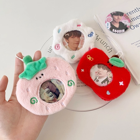 Kawaii Plush Badge Holder Round Star Fruit Pattern Card Sleeve With Clasp For 65mm Badge Students Bag Charm Keychain