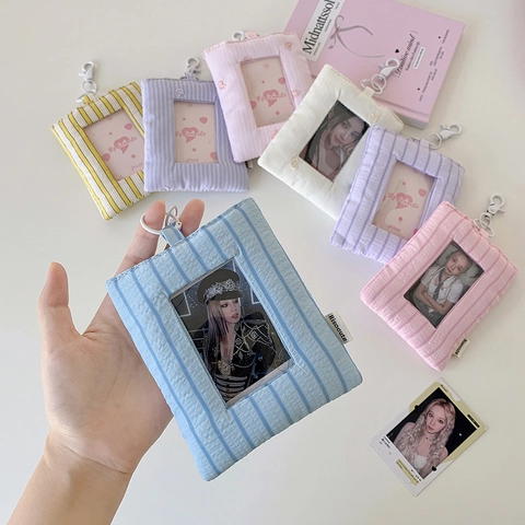 Photocard Halter Stoff Gestreift Herz Stickerei Kartenhülle Koreanischer Ins Stil Mit Haken Für Studenten Buskarten Display