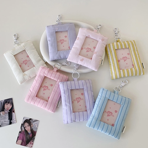 Photocard Halter Stoff Gestreift Herz Stickerei Kartenhülle Koreanischer Ins Stil Mit Haken Für Studenten Buskarten Display