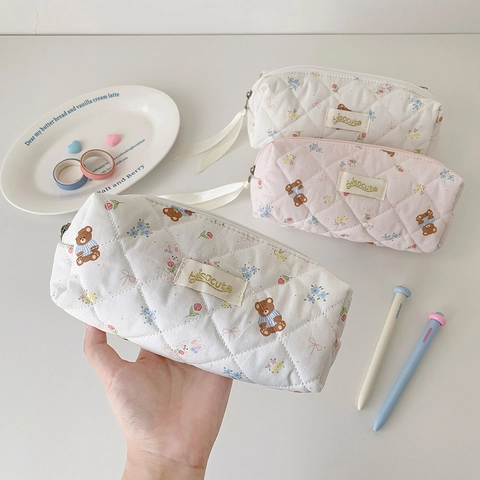 Quilted Cotton Fabric Pencil Case Cute Cartoon Bear Floral Stationery Storage Bag With Ribbon Pull For Students Girls Korean Style