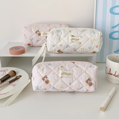 Quilted Cotton Fabric Pencil Case Cute Cartoon Bear Floral Stationery Storage Bag With Ribbon Pull For Students Girls Korean Style