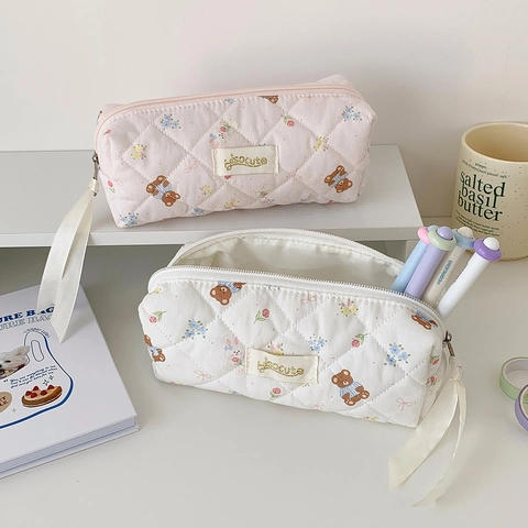 Astuccio Kawaii Trapuntato in Cotone Carino Orso Coniglio Motivo Floreale Borsa Per Penne Con Cerniera Organizzatore Per Studenti Ragazze